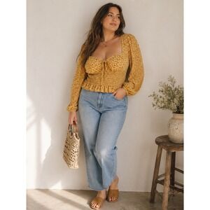 No Frills Yellow Floral Smocked Peplum Long Sleeve Blouse XL Cottage Milkmaid